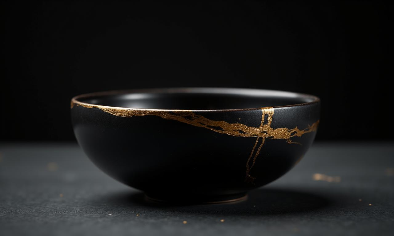 金継ぎで修復された美しい黒い陶器の背景