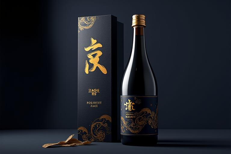 高級日本酒のボトルと化粧箱のレンダリング